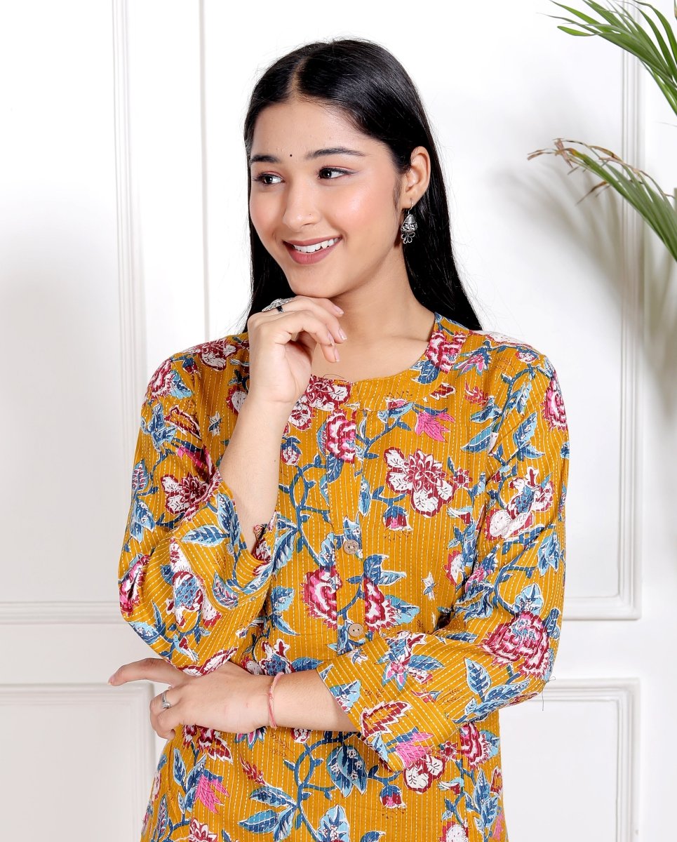 Pure Sanganeri Cotton Print Kurti with Katha Work - Yanchi