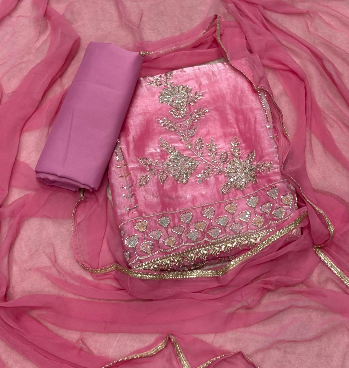 Pure Skylon Suit Set with Cutdana & Zari work - Yanchi