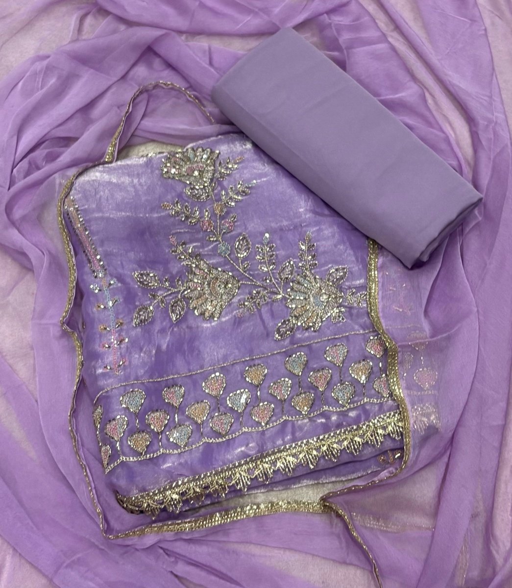 Pure Skylon Suit Set with Cutdana & Zari work - Yanchi
