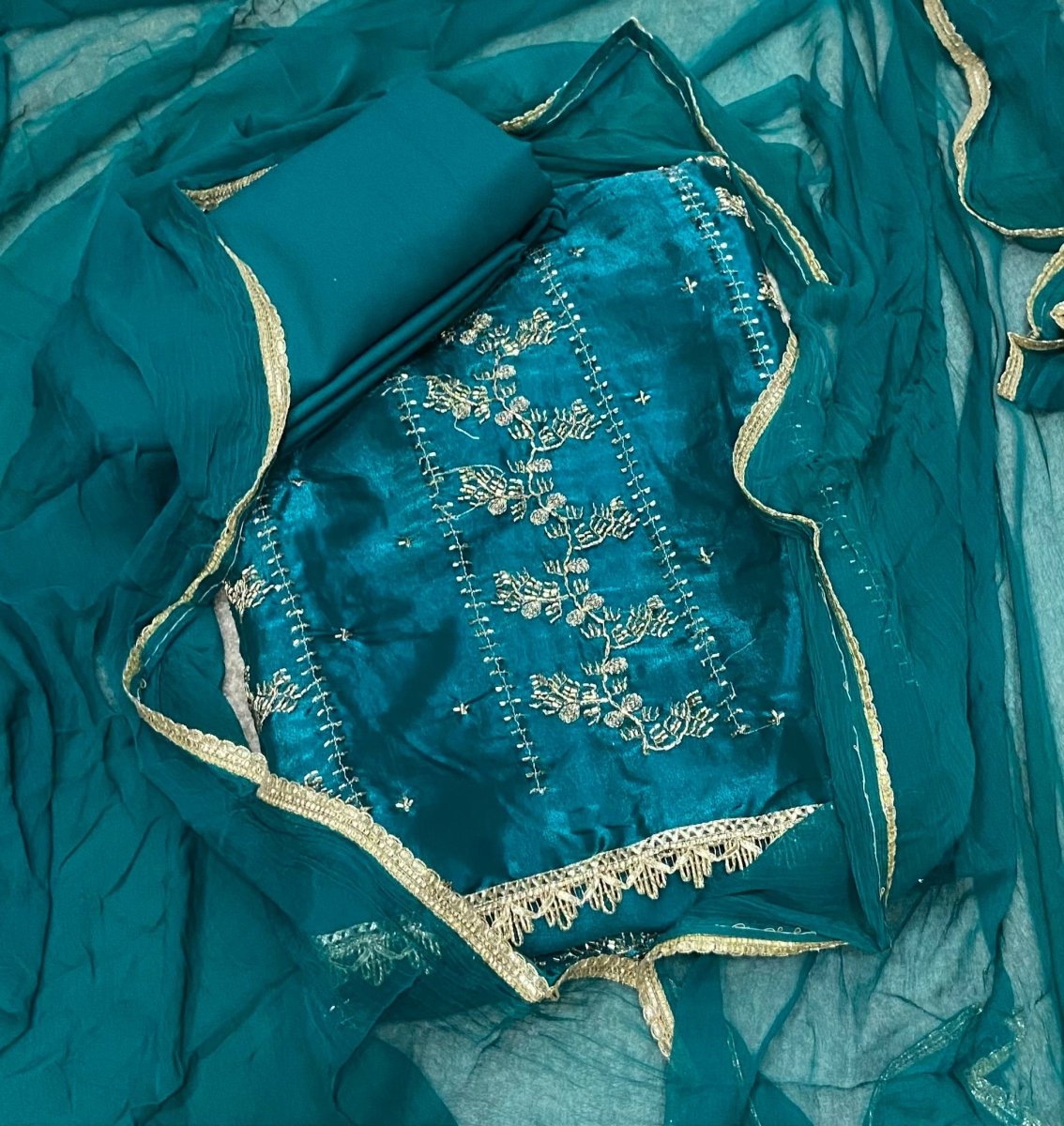 Pure Skylon Suit Set with Zari & cutdana Work - Yanchi