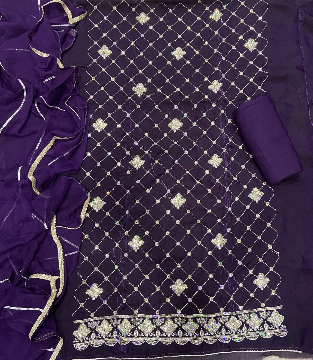 Pure Skylon Suit Set with Zari & cutdana Work - Yanchi