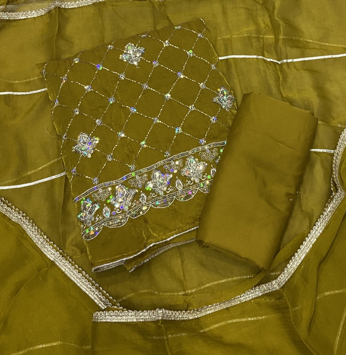 Pure Skylon Suit Set with Zari & cutdana Work - Yanchi