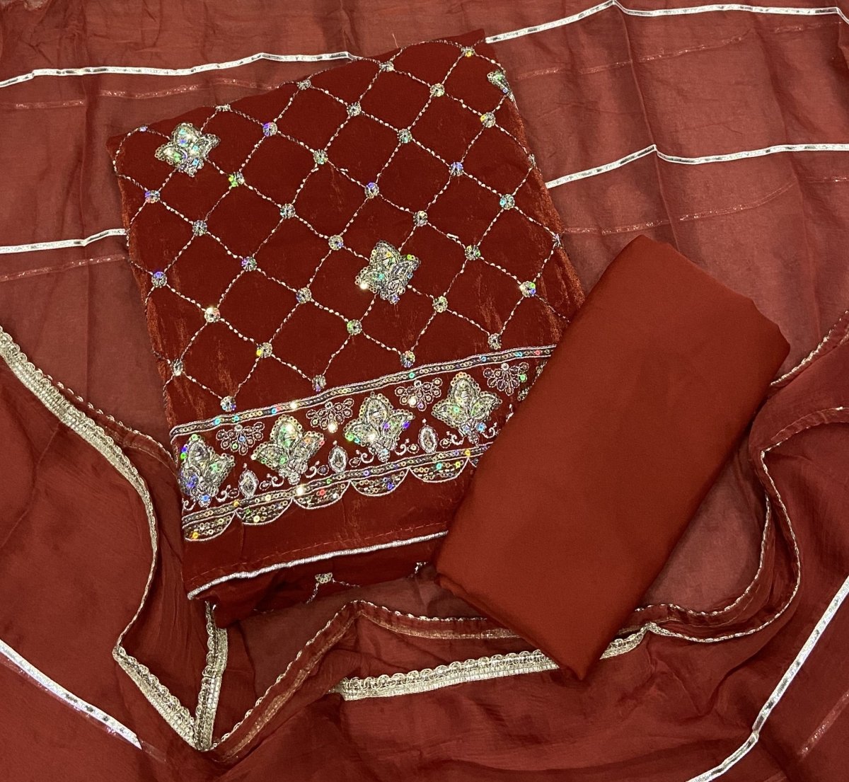 Pure Skylon Suit Set with Zari & cutdana Work - Yanchi