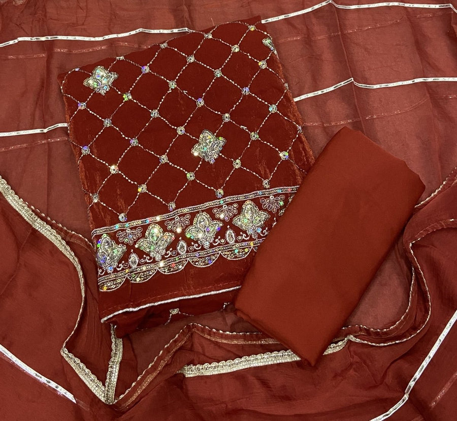 Pure Skylon Suit Set with Zari & cutdana Work - Yanchi