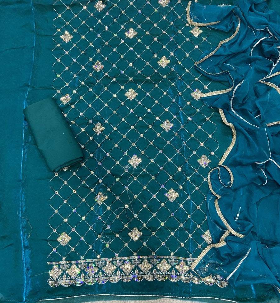 Pure Skylon Suit Set with Zari & cutdana Work - Yanchi