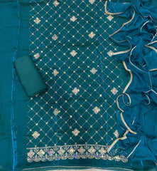 Pure Skylon Suit Set with Zari & cutdana Work - Yanchi