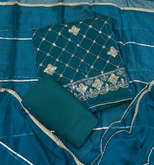 Pure Skylon Suit Set with Zari & cutdana Work - Yanchi