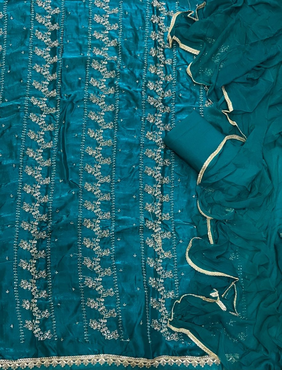 Pure Skylon Suit Set with Zari & cutdana Work - Yanchi