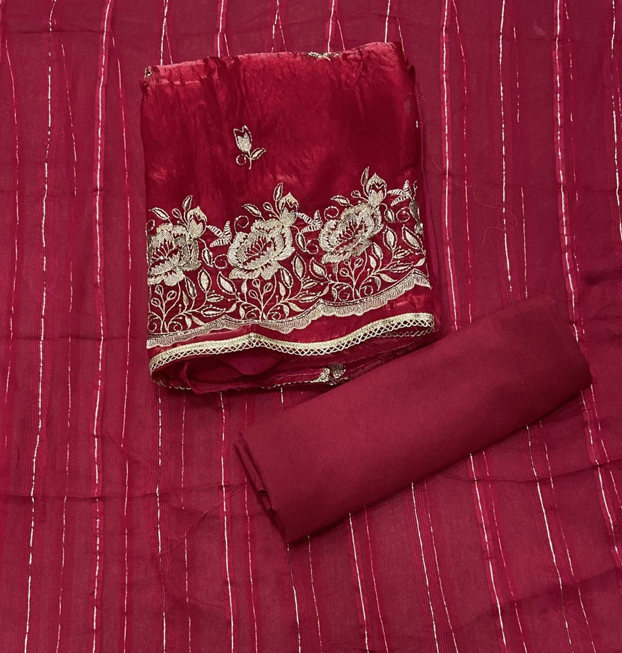 Pure Skylon Suit Set with Zari & cutdana Work - Yanchi