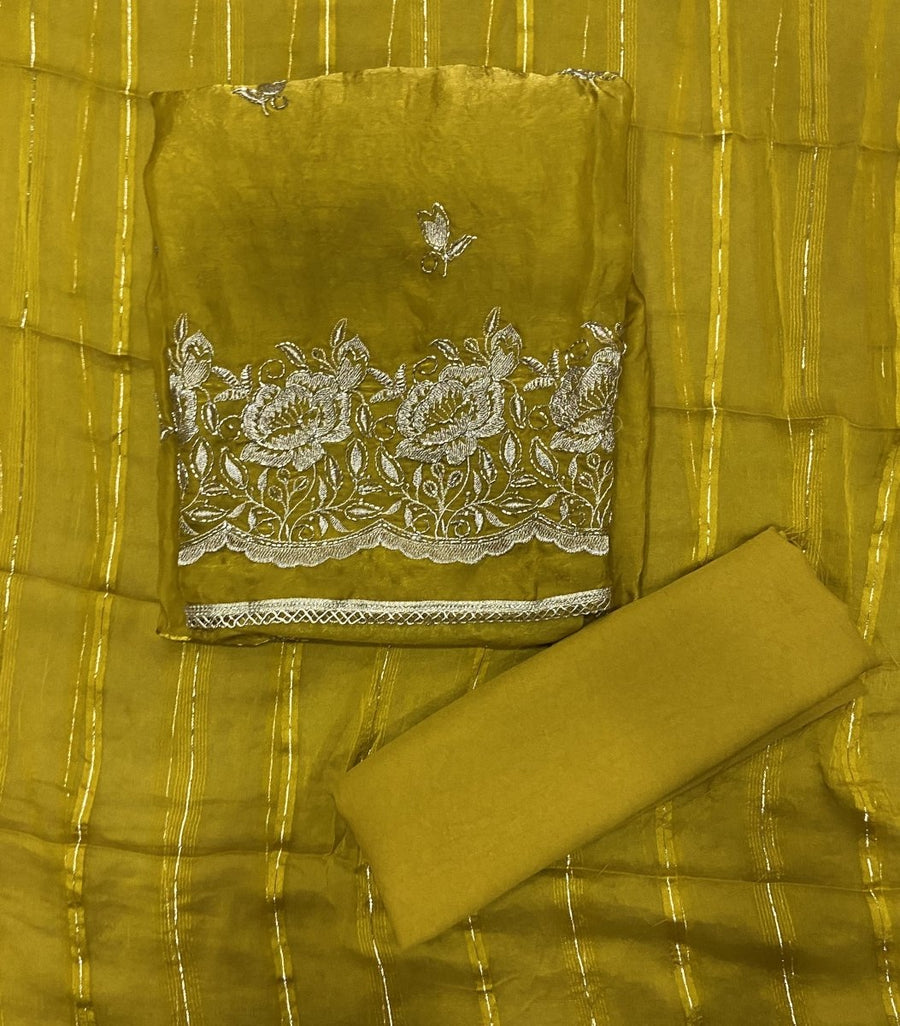 Pure Skylon Suit Set with Zari & cutdana Work - Yanchi