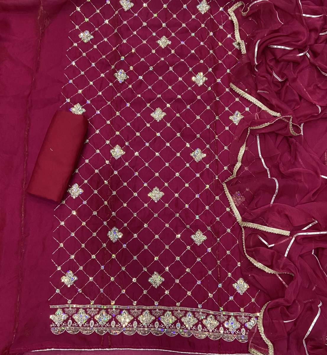Pure Skylon Suit Set with Zari & cutdana Work - Yanchi