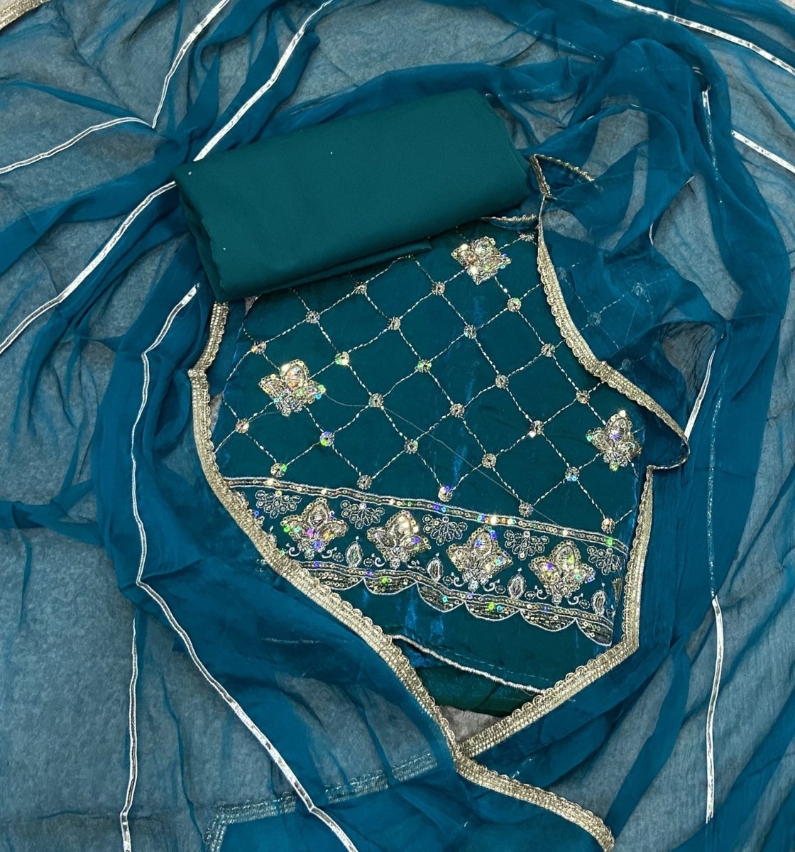 Pure Skylon Suit Set with Zari & cutdana Work - Yanchi