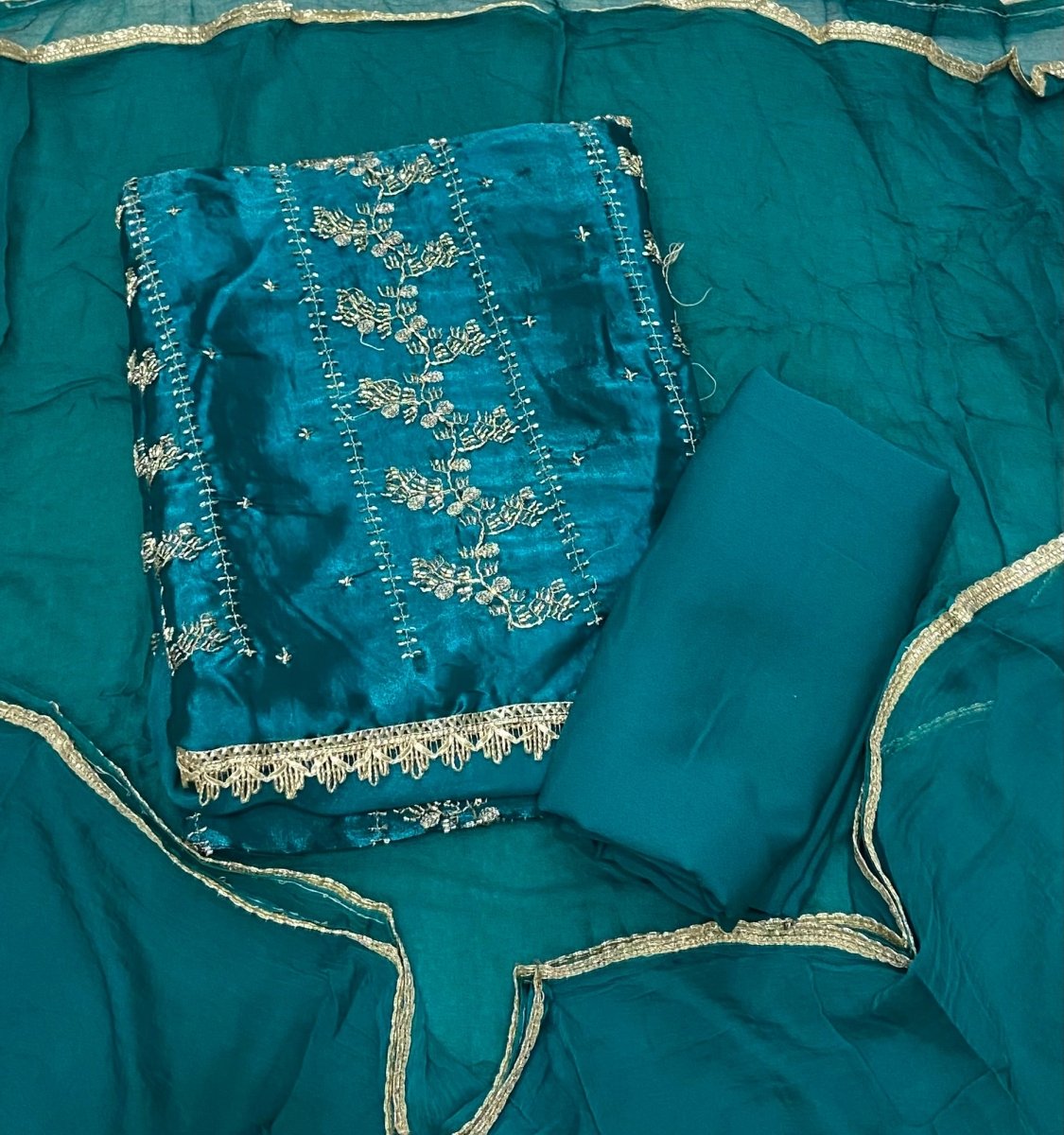 Pure Skylon Suit Set with Zari & cutdana Work - Yanchi