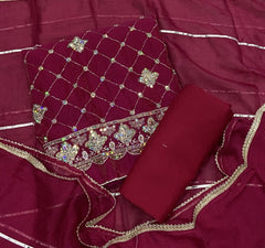 Pure Skylon Suit Set with Zari & cutdana Work - Yanchi