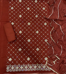 Pure Skylon Suit Set with Zari & cutdana Work - Yanchi