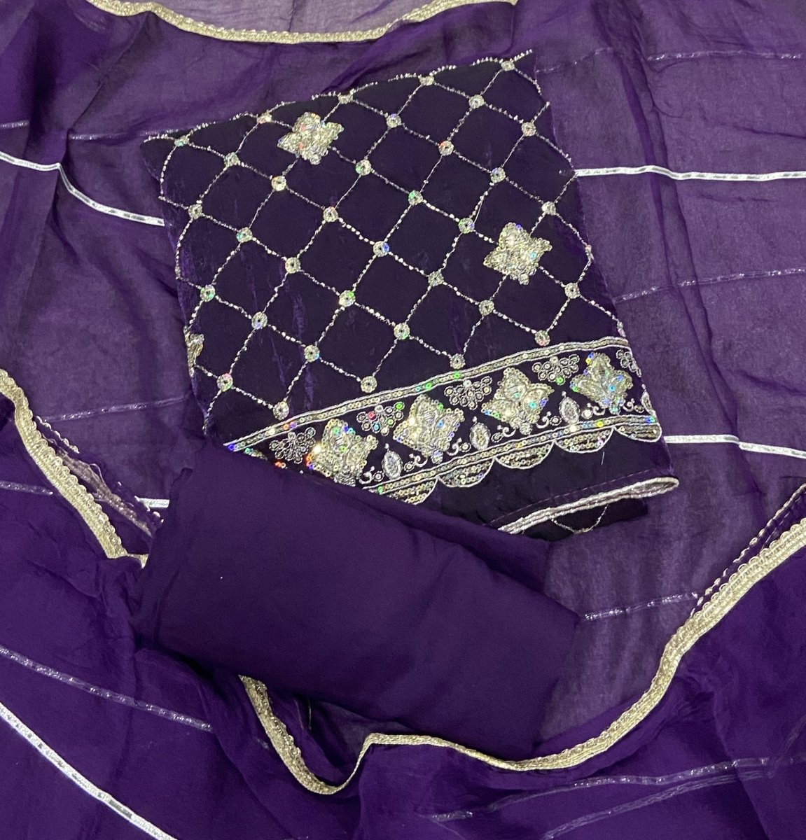 Pure Skylon Suit Set with Zari & cutdana Work - Yanchi