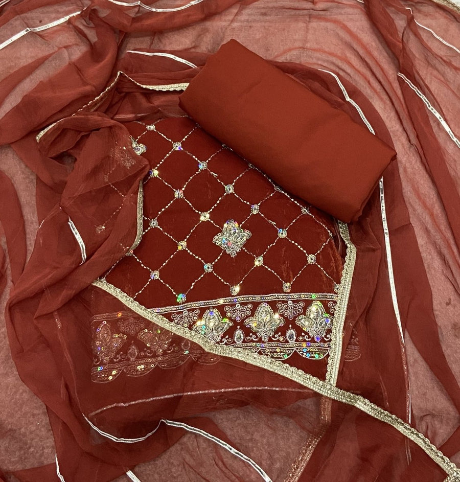 Pure Skylon Suit Set with Zari & cutdana Work - Yanchi