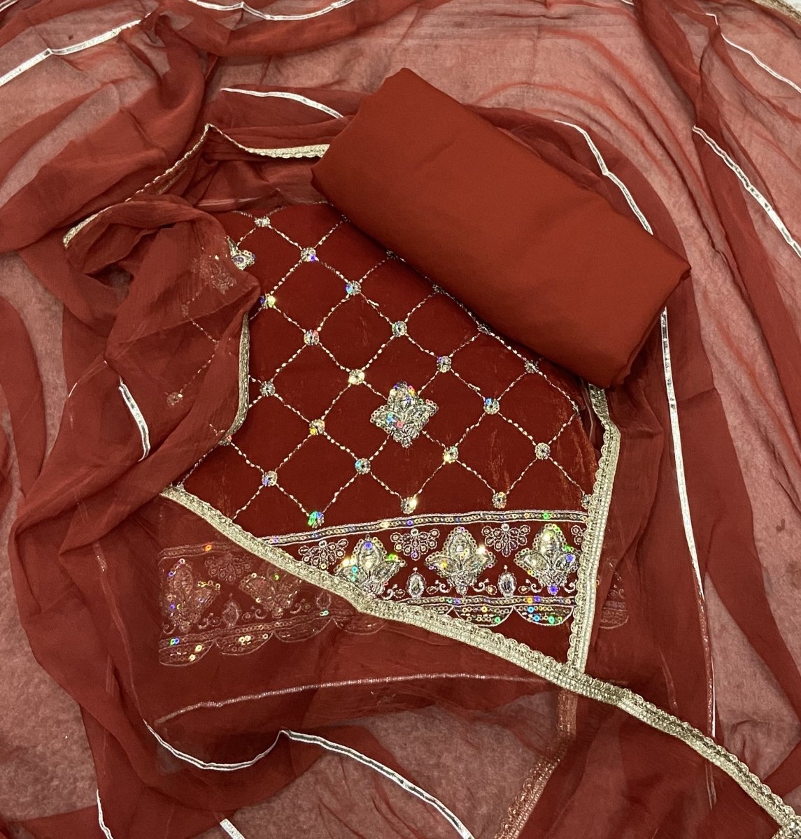 Pure Skylon Suit Set with Zari & cutdana Work - Yanchi