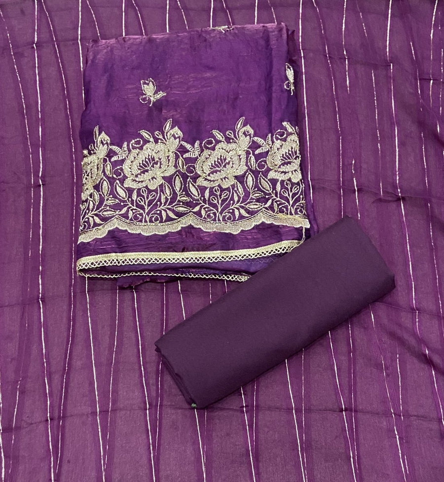Pure Skylon Suit Set with Zari & cutdana Work - Yanchi