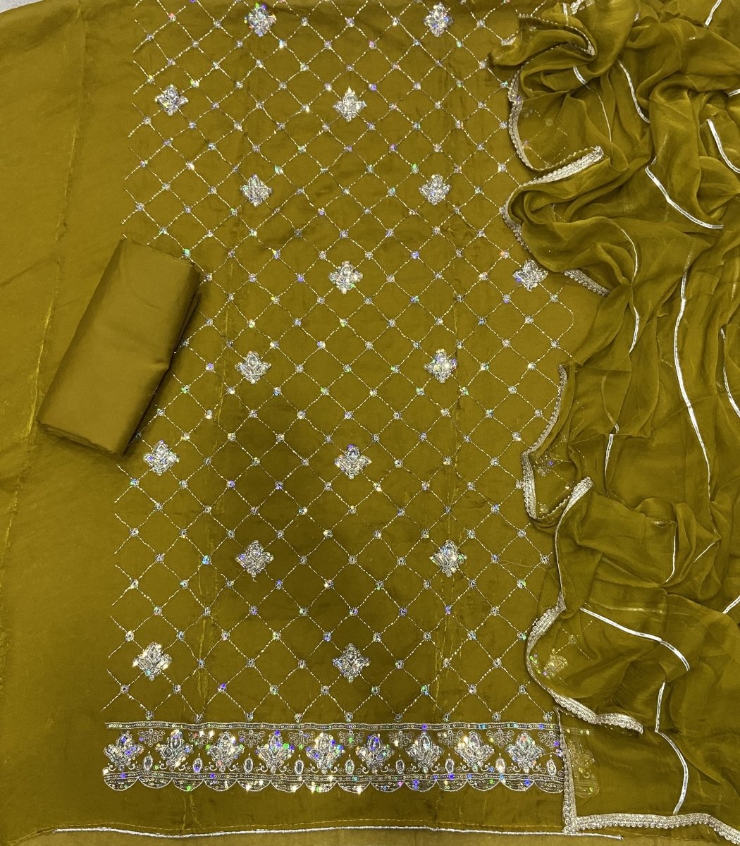 Pure Skylon Suit Set with Zari & cutdana Work - Yanchi