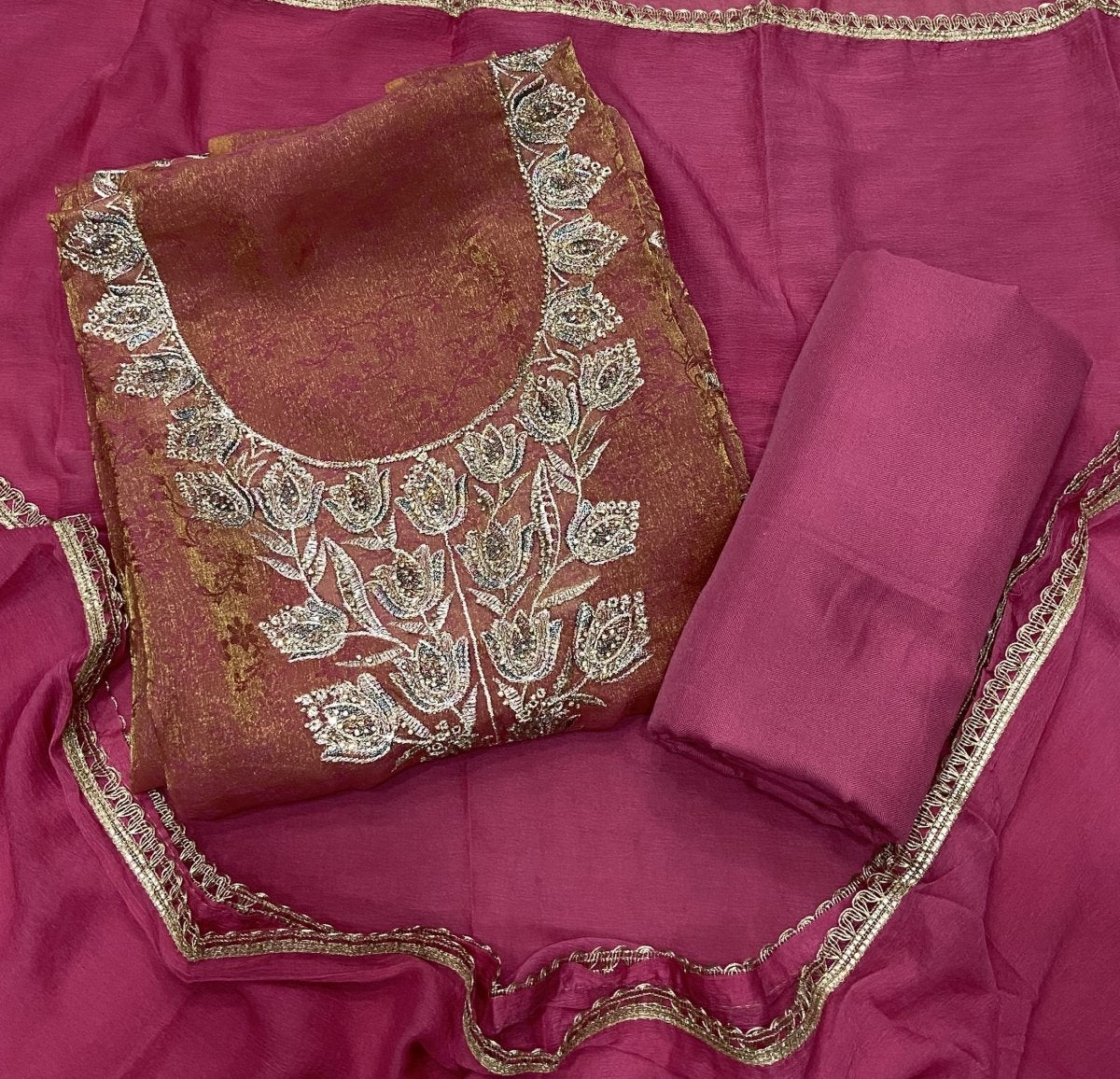 Pure Skylon Suit Set with Zari & sequence Work - Yanchi