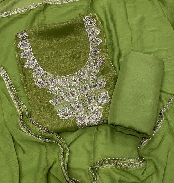 Pure Skylon Suit Set with Zari & sequence Work - Yanchi