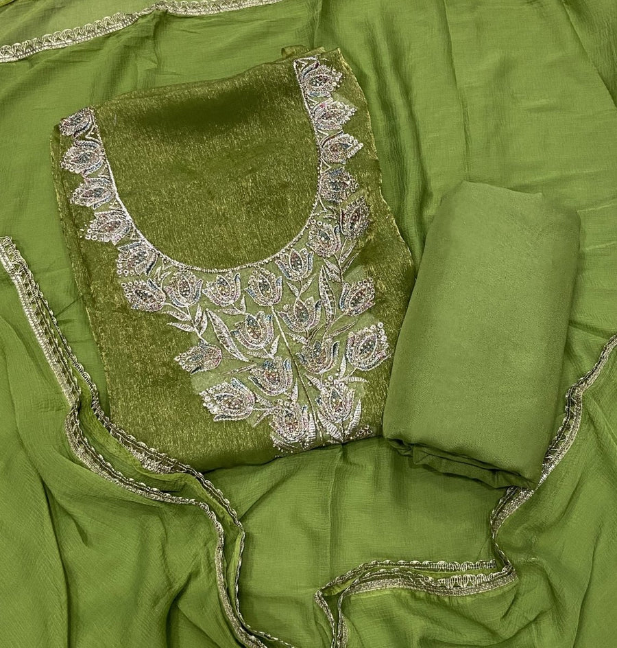 Pure Skylon Suit Set with Zari & sequence Work - Yanchi