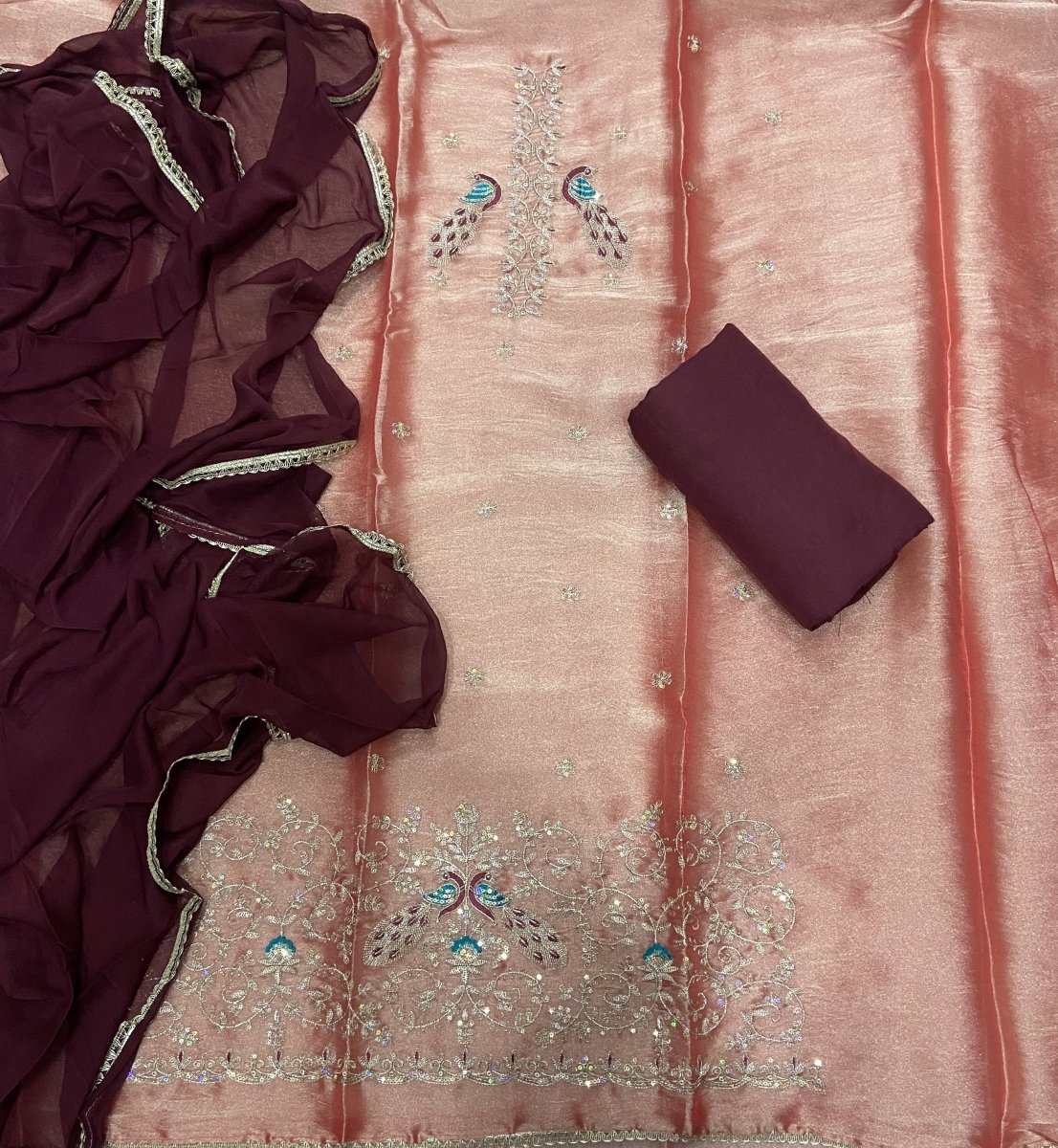 Pure Skylon Suit Set with Zari & sequence Work - Yanchi