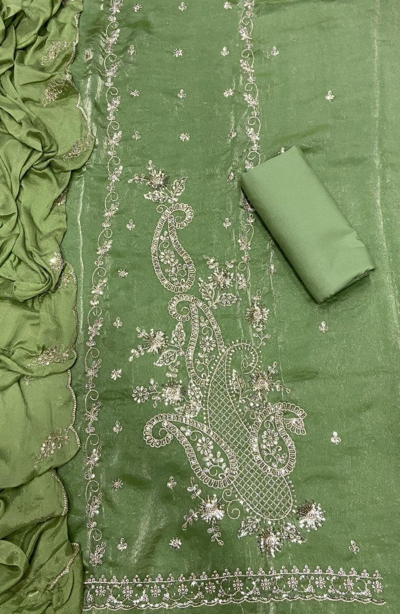 Pure Skylon Suit Set with Zari & sequence Work - Yanchi