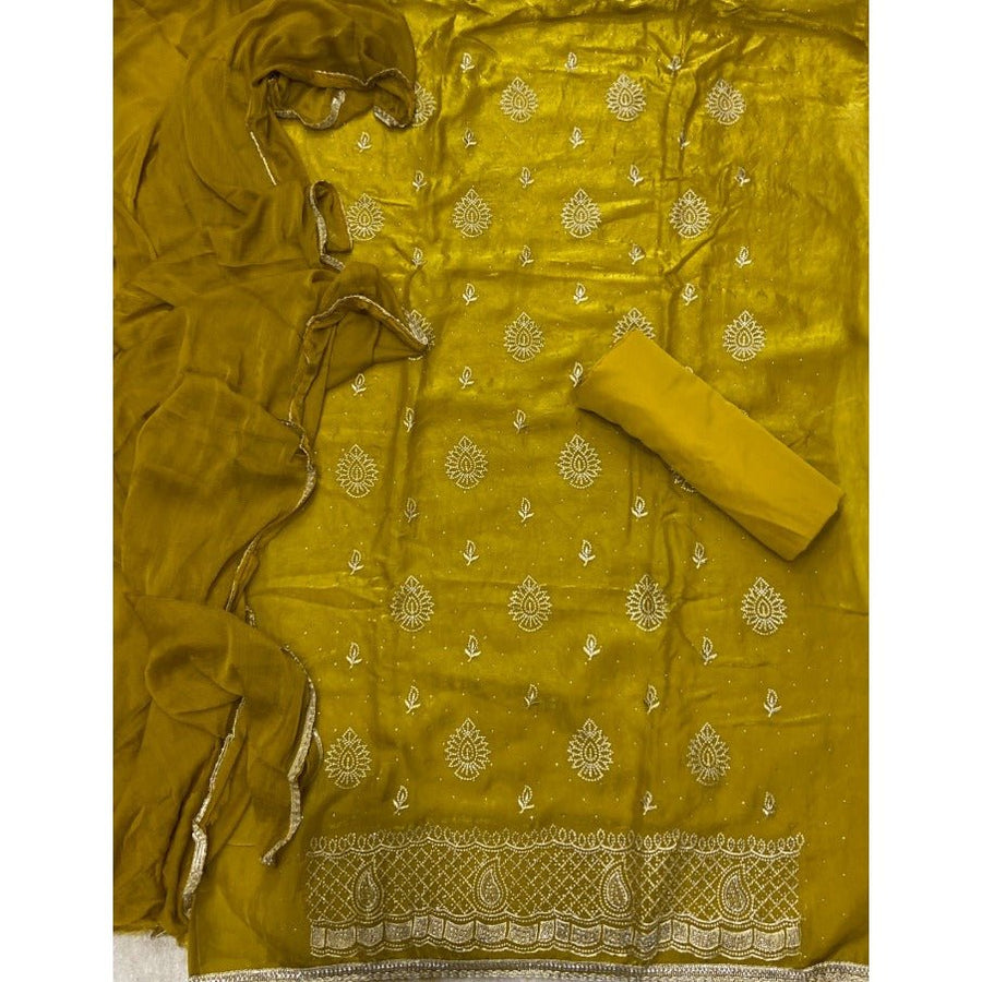 Pure Skylon Suit Set with Zari & sequence Work - Yanchi