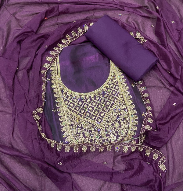 Pure Skylon Suit Set with Zari & sequence Work - Yanchi