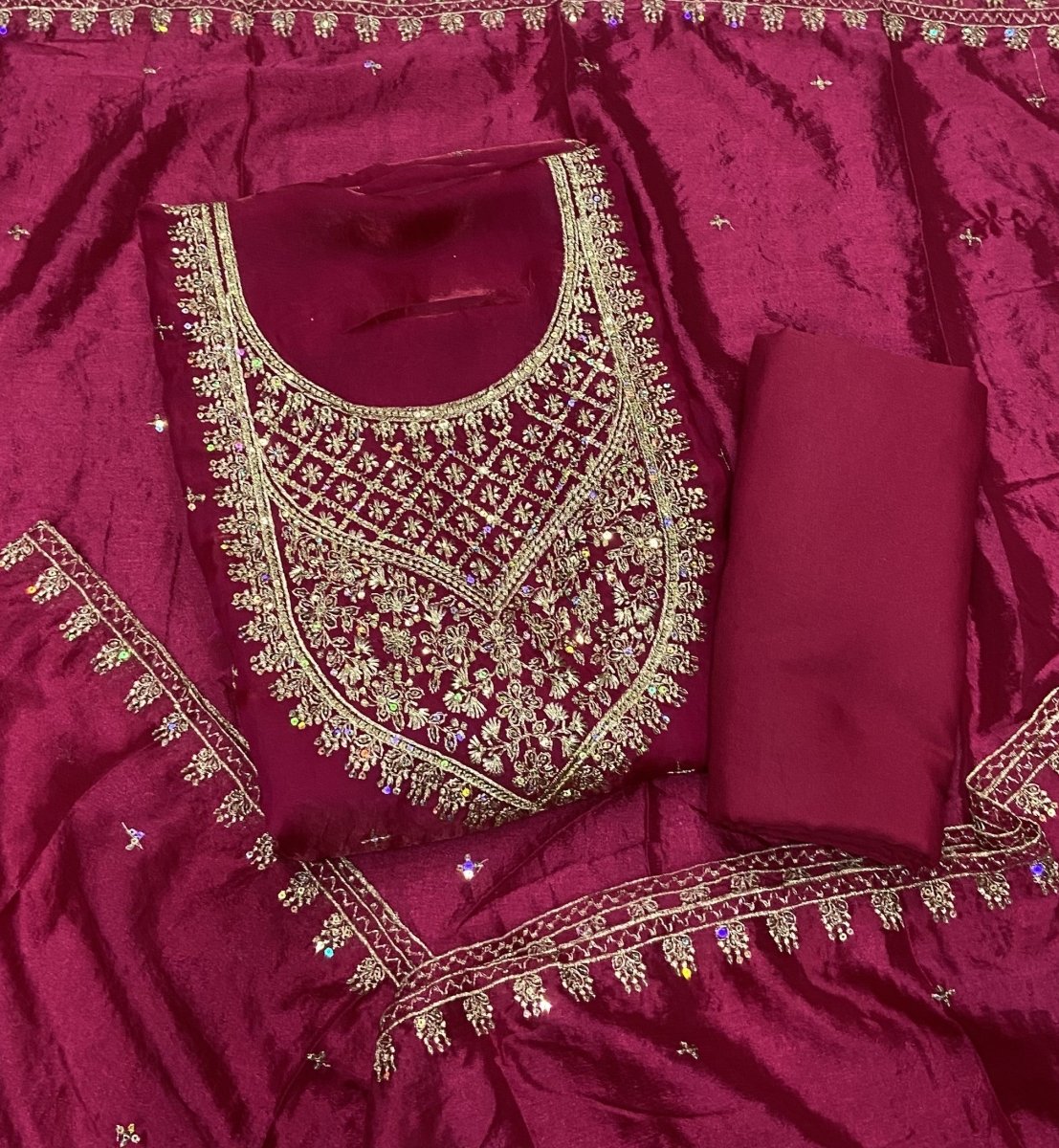 Pure Skylon Suit Set with Zari & sequence Work - Yanchi