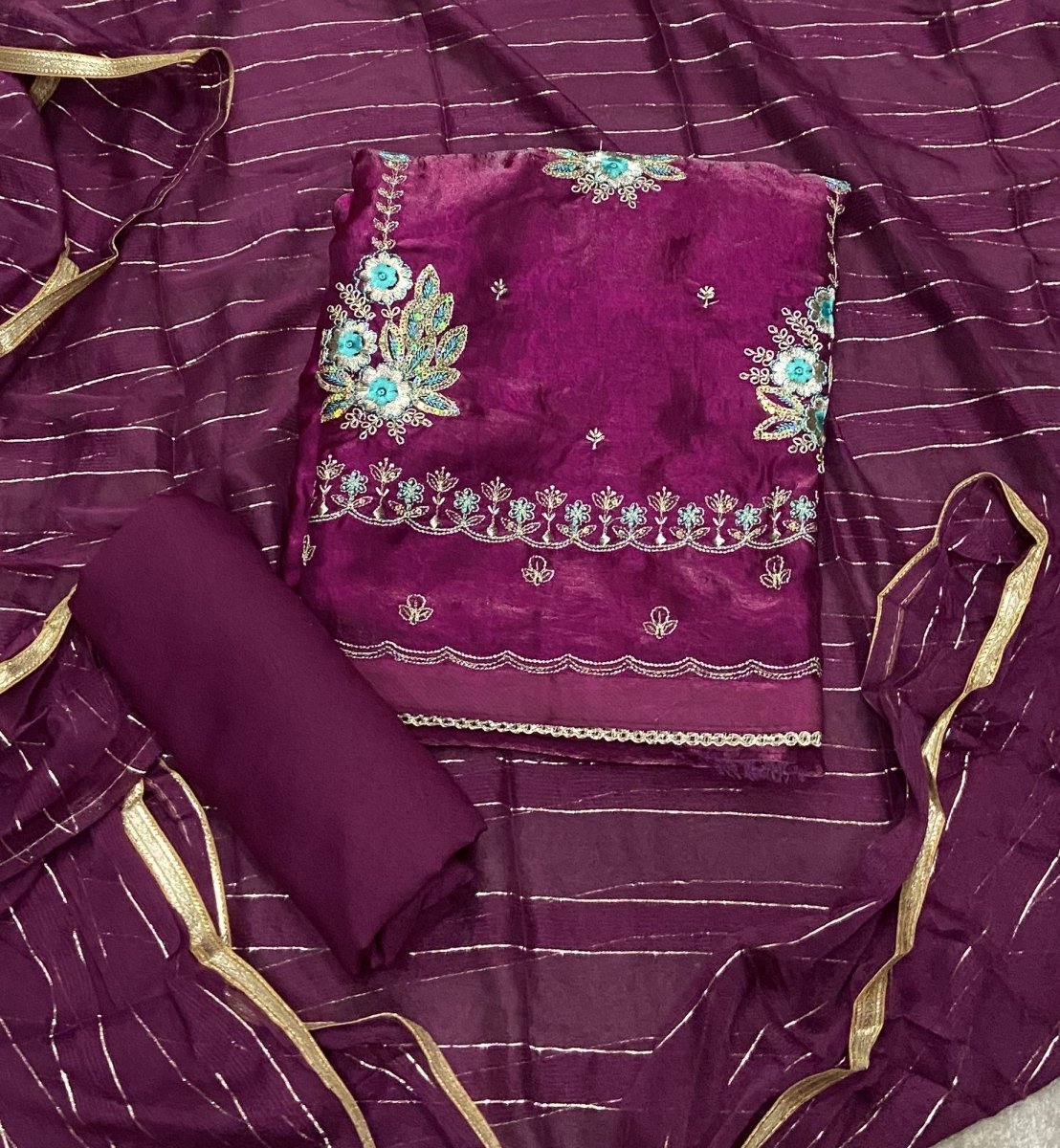 Pure Skylon Suit Set with Zari & sequence Work - Yanchi