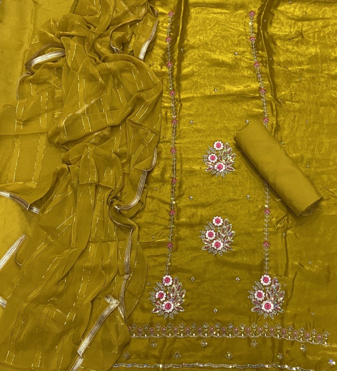 Pure Skylon Suit Set with Zari & sequence Work - Yanchi