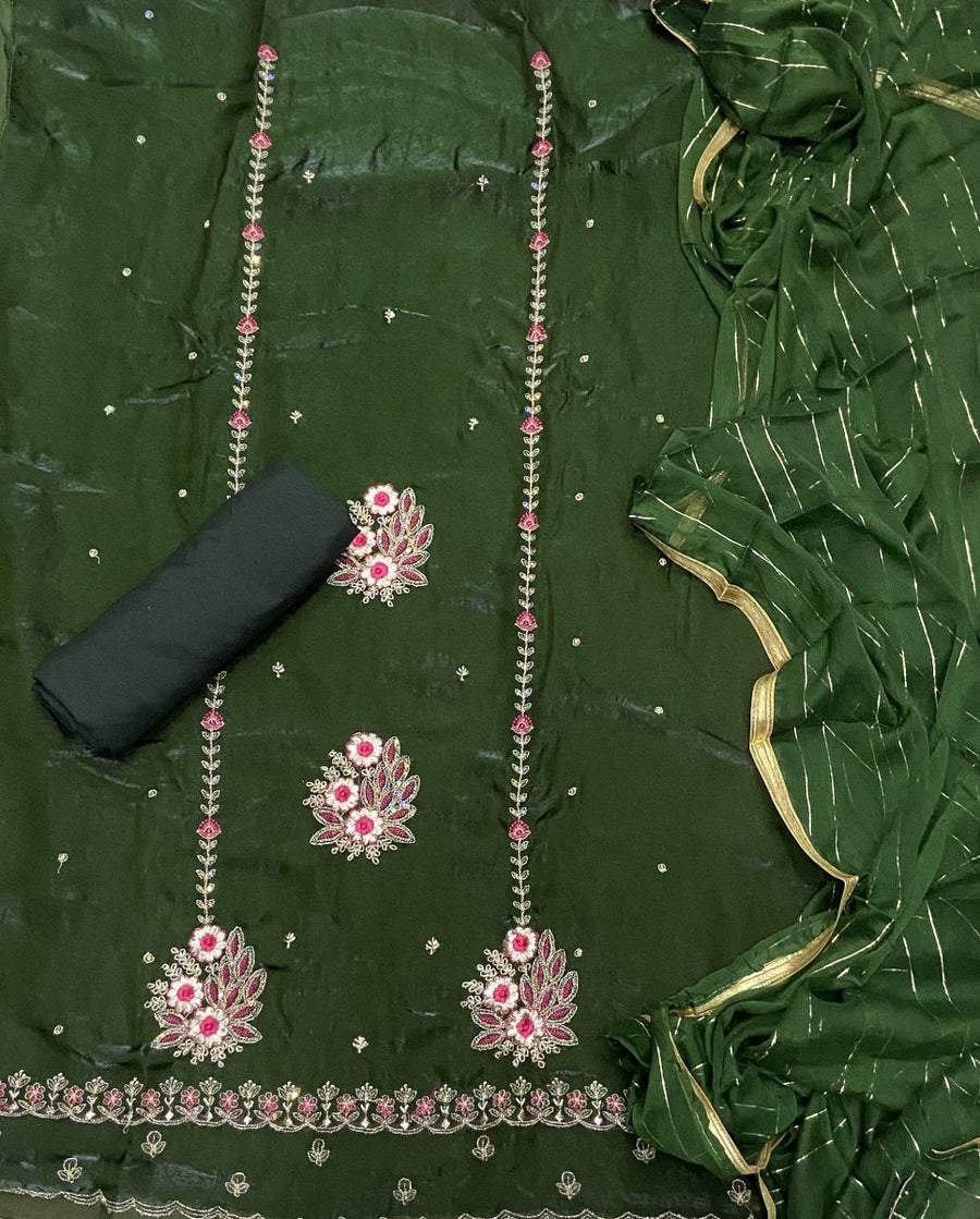 Pure Skylon Suit Set with Zari & sequence Work - Yanchi