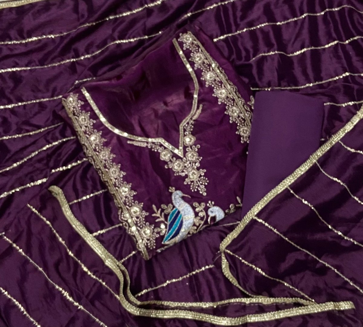 Pure Skylon Suit Set with Zari & sequence Work - Yanchi