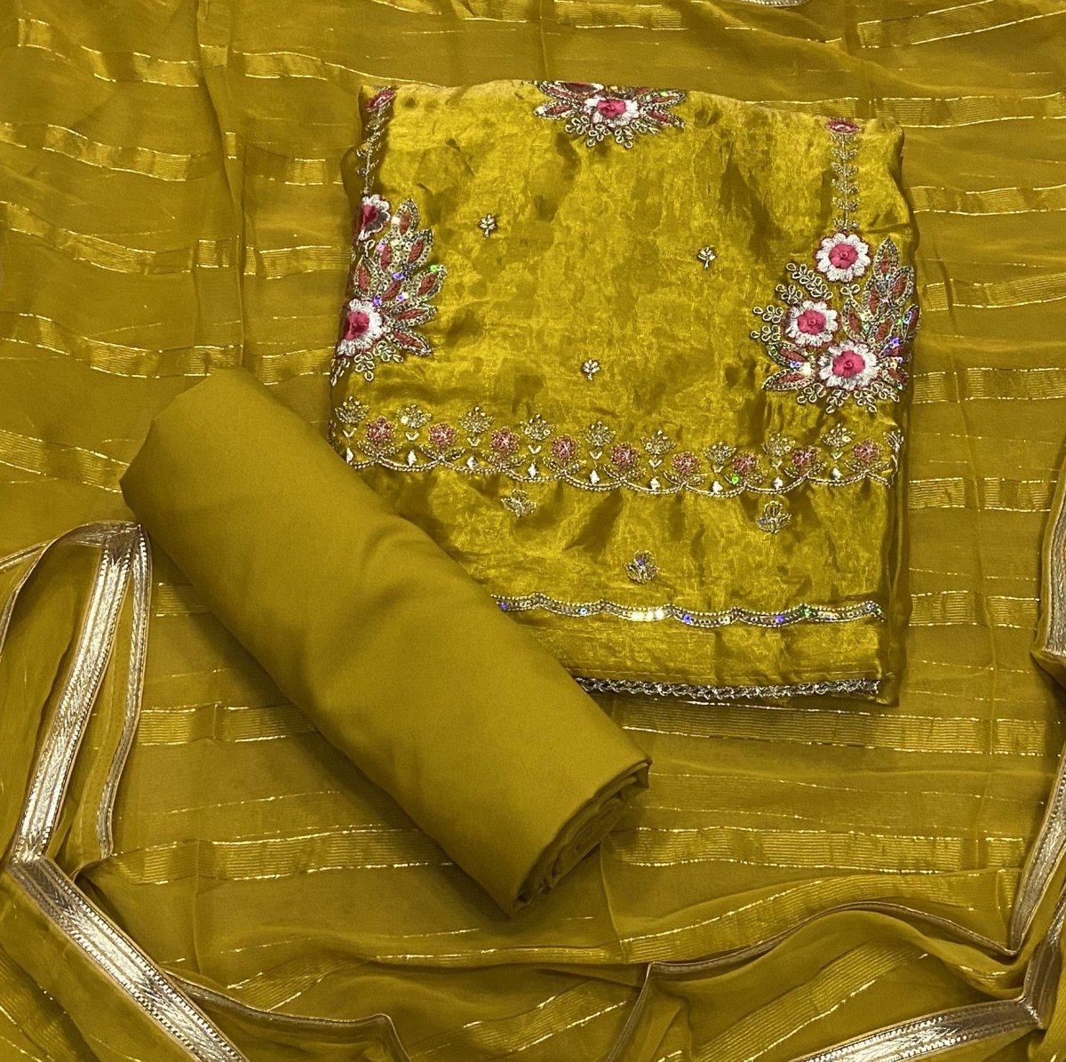 Pure Skylon Suit Set with Zari & sequence Work - Yanchi