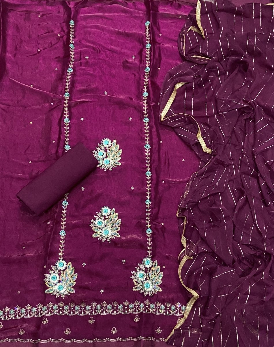 Pure Skylon Suit Set with Zari & sequence Work - Yanchi