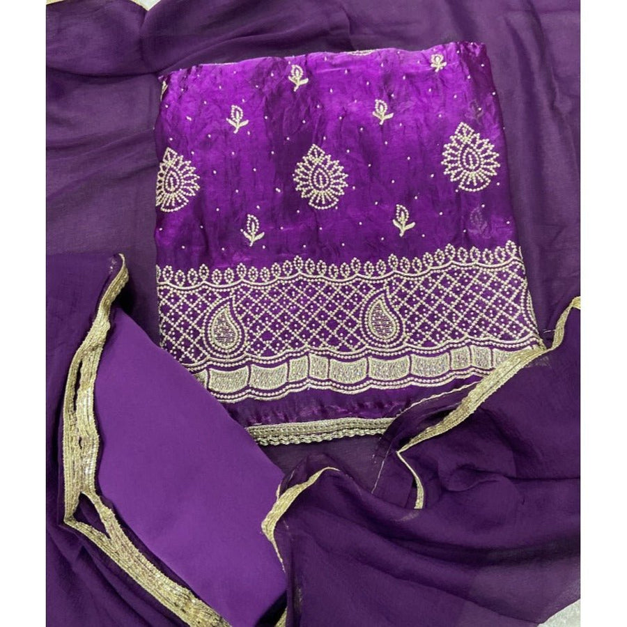 Pure Skylon Suit Set with Zari & sequence Work - Yanchi