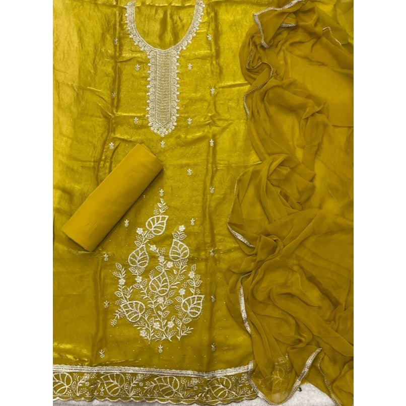 Pure Skylon Suit Set with Zari & sequence Work - Yanchi