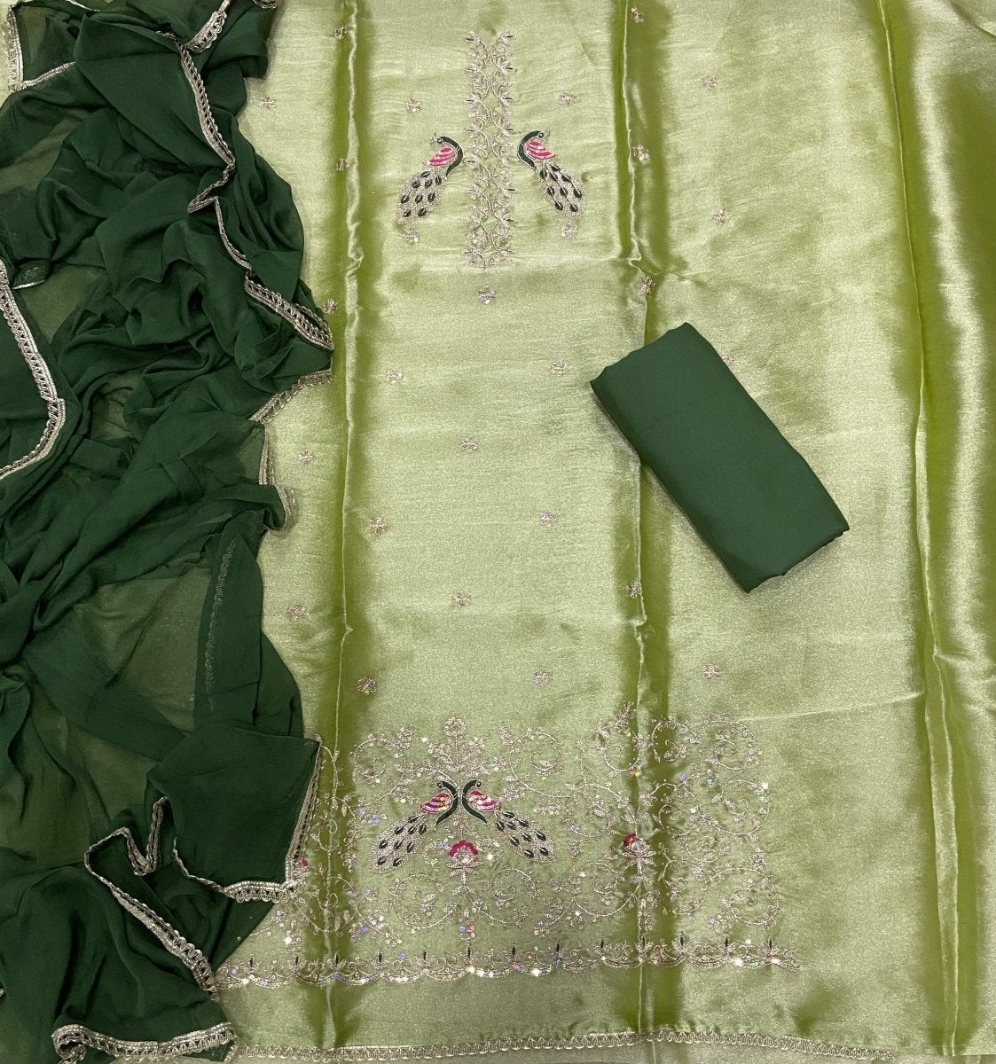 Pure Skylon Suit Set with Zari & sequence Work - Yanchi
