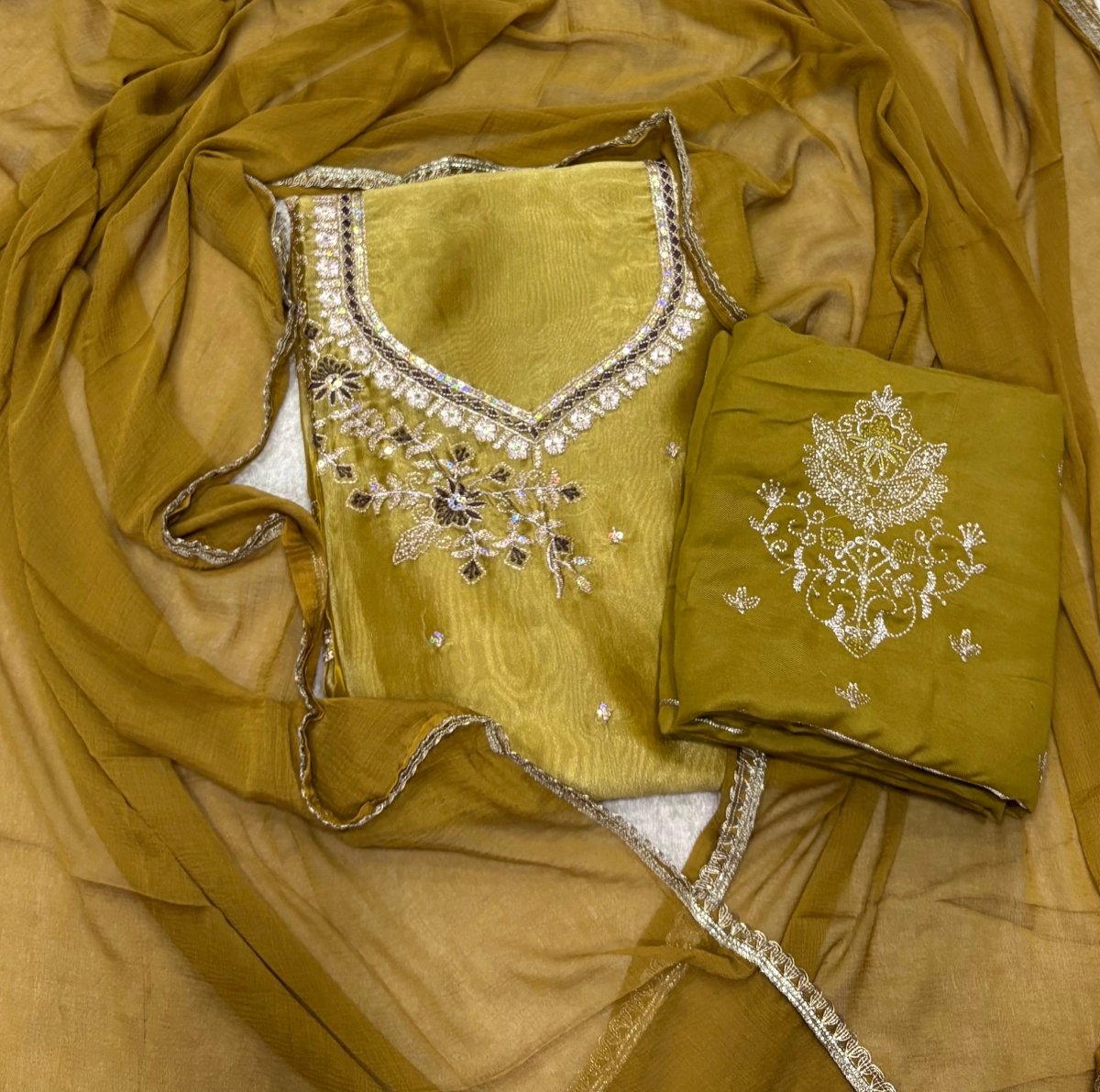 Pure Skylon Suit Set with Zari & sequence Work - Yanchi