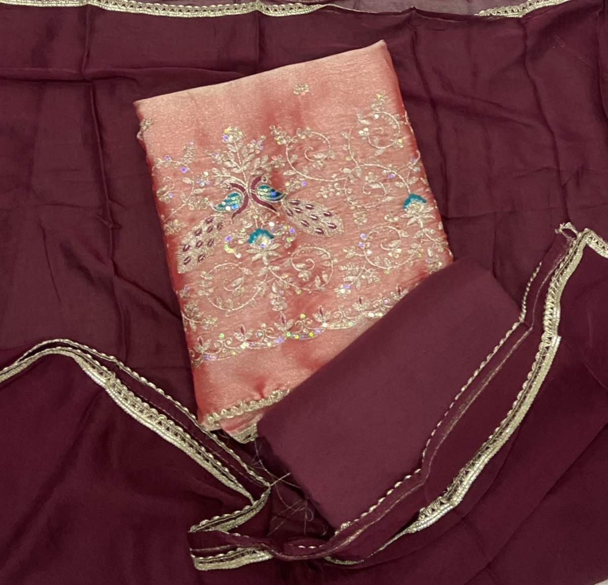 Pure Skylon Suit Set with Zari & sequence Work - Yanchi