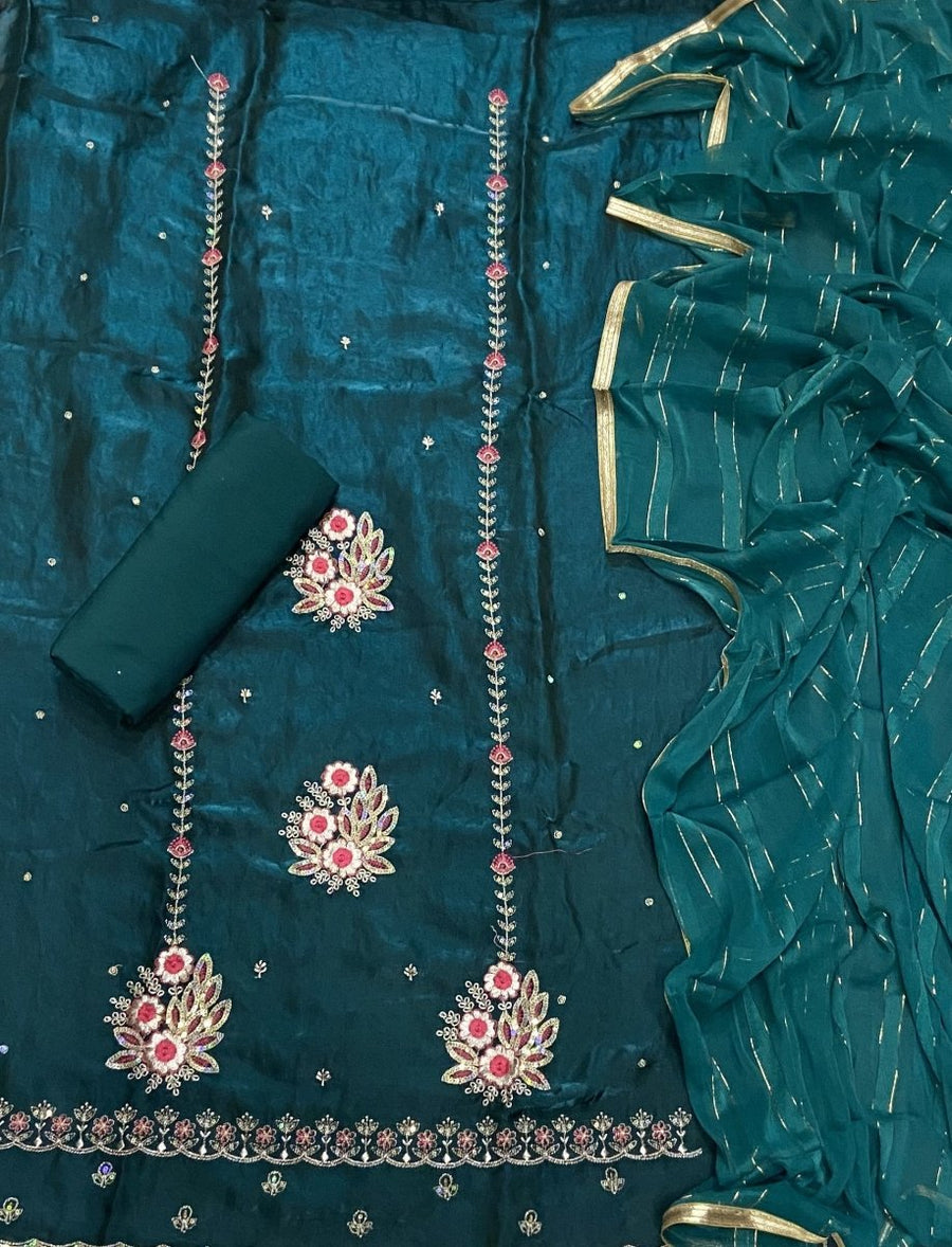 Pure Skylon Suit Set with Zari & sequence Work - Yanchi
