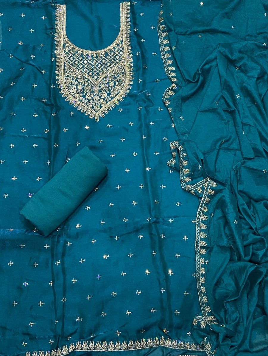 Pure Skylon Suit Set with Zari & sequence Work - Yanchi