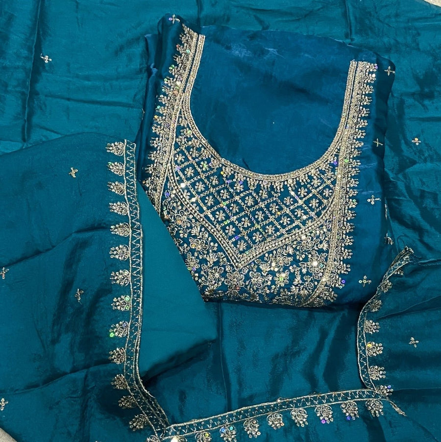 Pure Skylon Suit Set with Zari & sequence Work - Yanchi