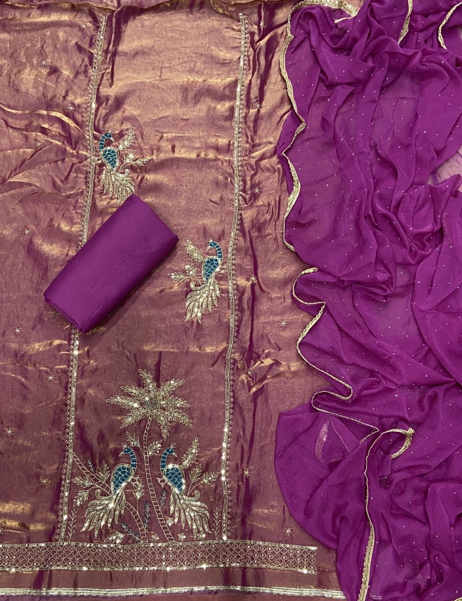 Pure Skylon Suit Set with Zari & sequence Work - Yanchi