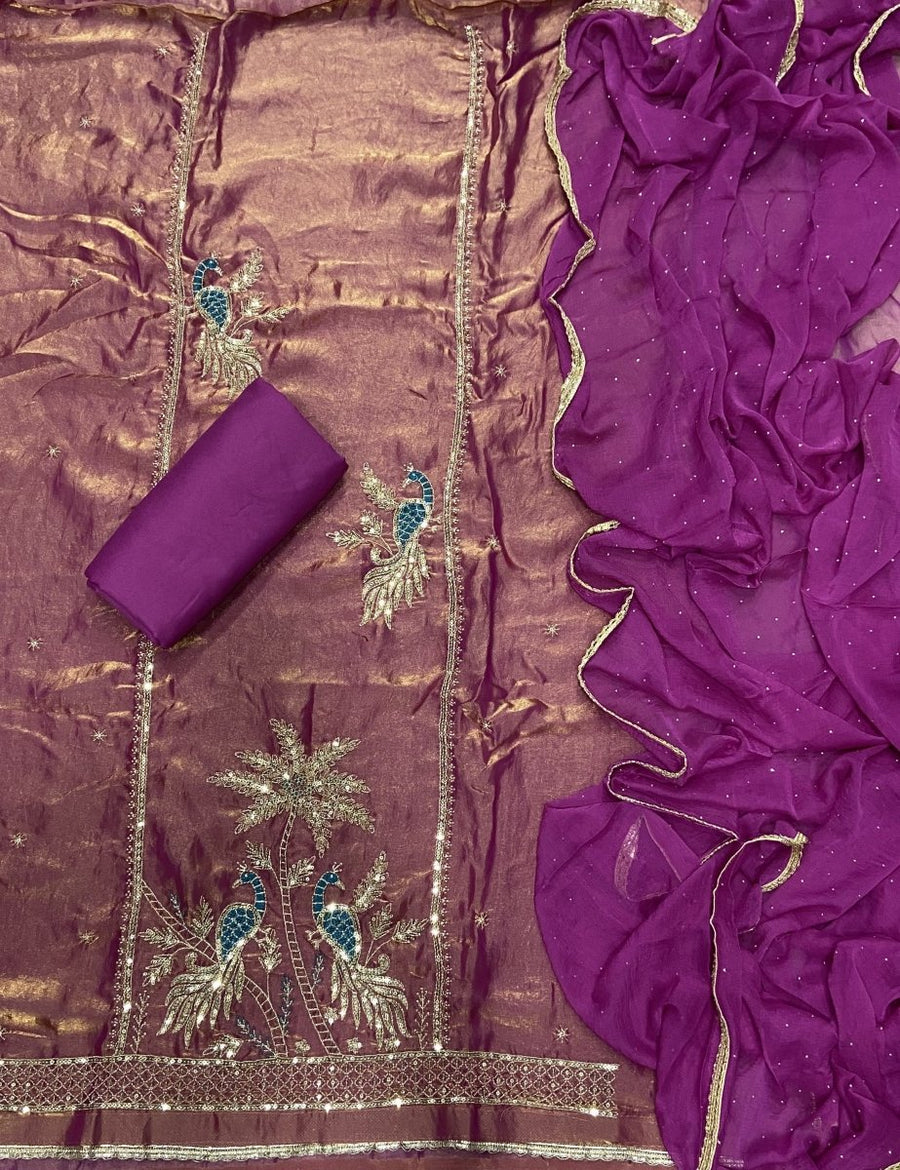 Pure Skylon Suit Set with Zari & sequence Work - Yanchi