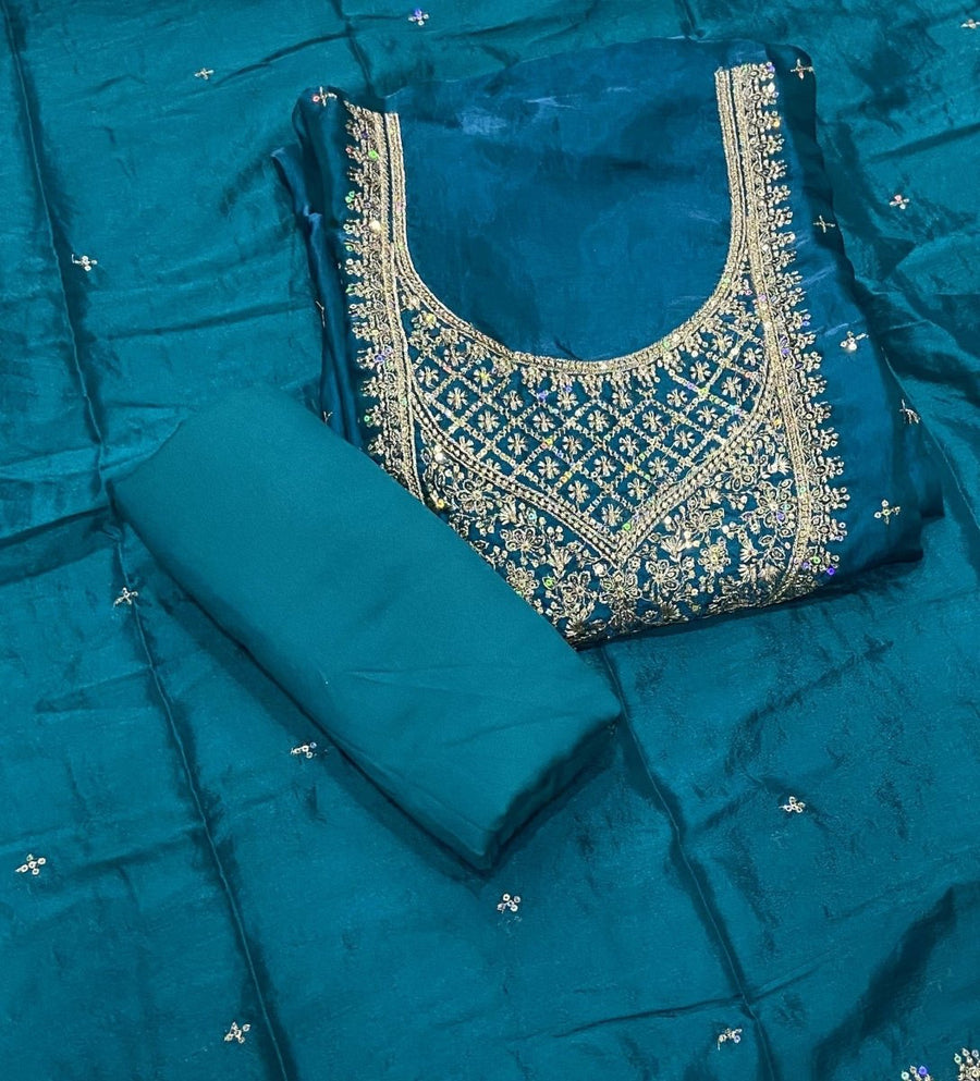 Pure Skylon Suit Set with Zari & sequence Work - Yanchi