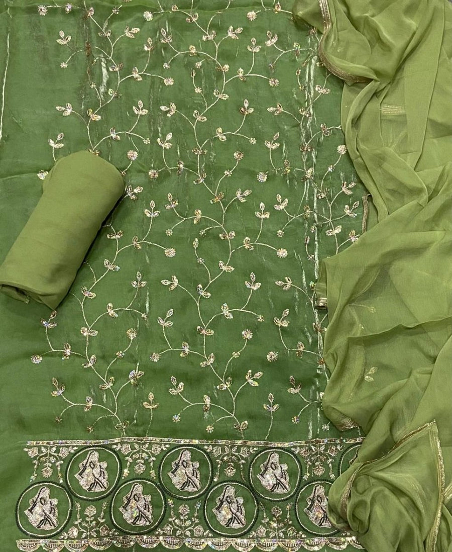 Pure Skylon Suit Set with Zari & sequence Work - Yanchi
